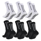 6 pairs football grip socks for men and women featuring anti slip sports design with towel bottom in black and white colors
