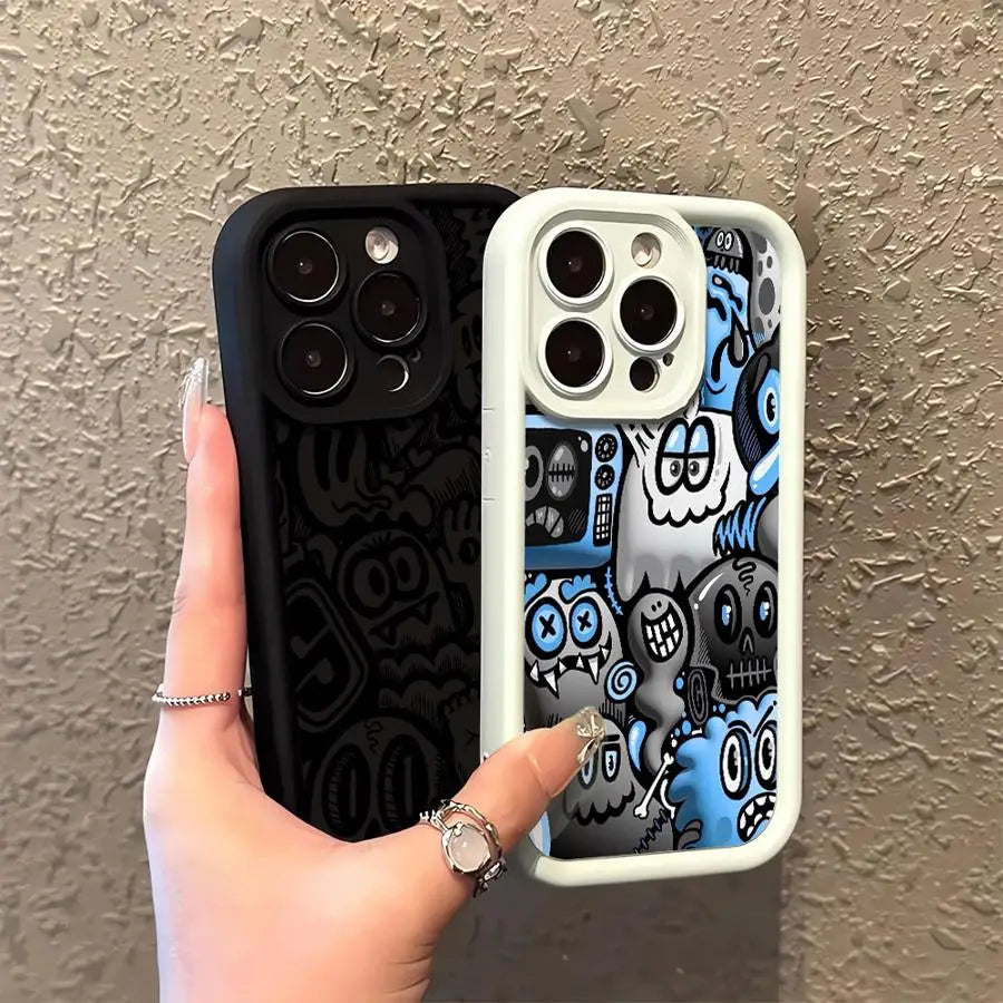Black Graffiti Silicone Case for iPhone 11 12 13 14 15 16 Pro Max