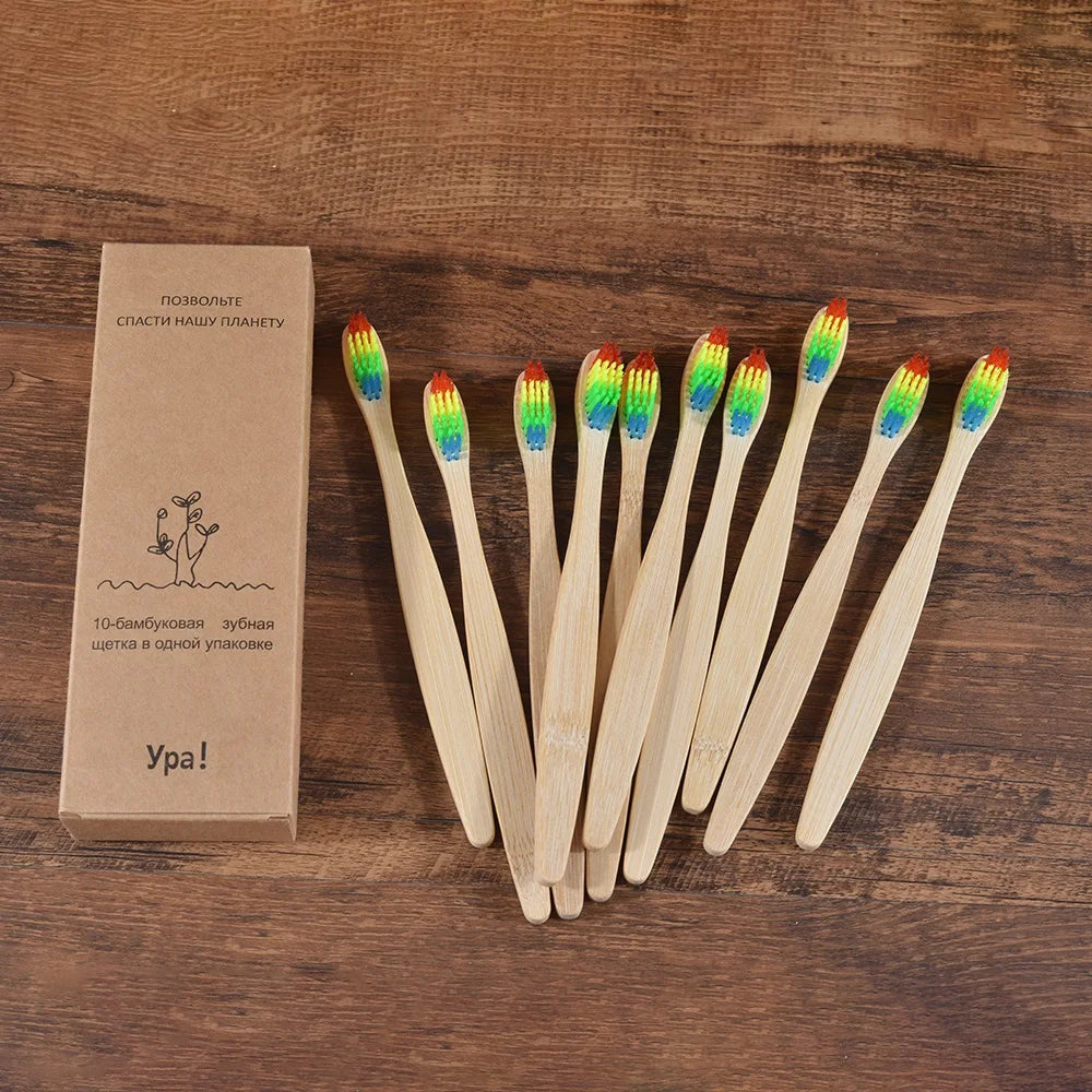 10PCS Bamboo Toothbrush Set Soft Charcoal Bristle Eco Dental Care
