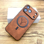Brown phone case with deer design on a wooden surface