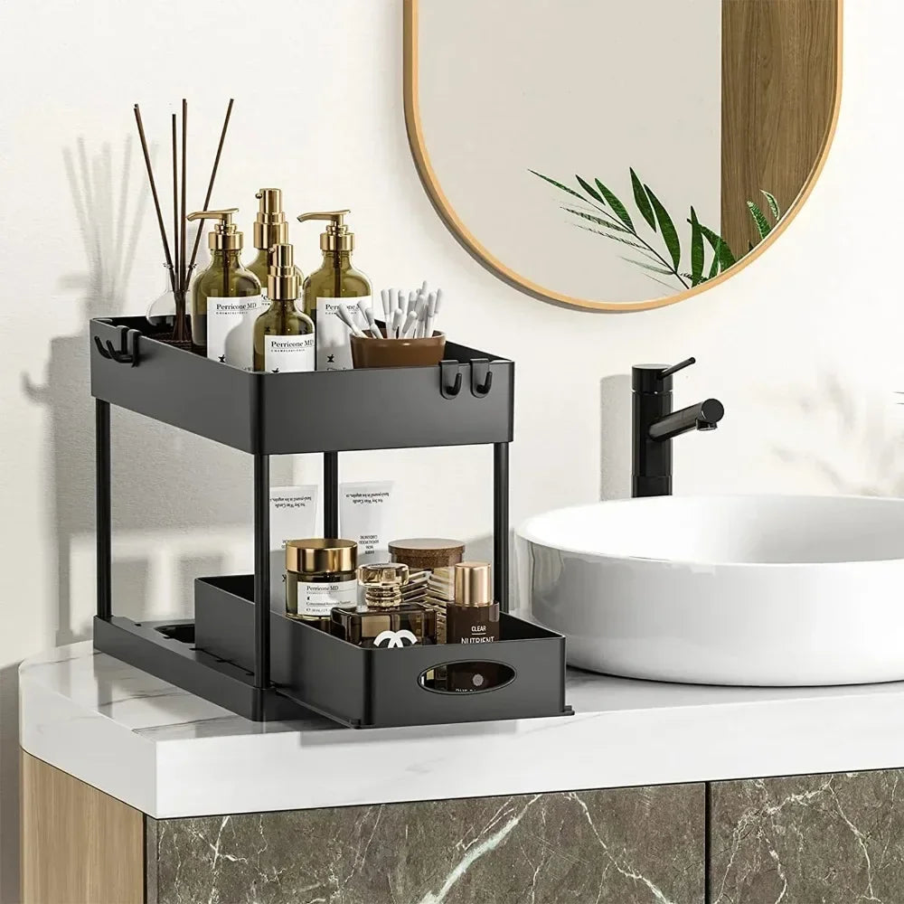 2 Tier Under Sink Organizer Sliding Cabinet Storage Rack with Hooks