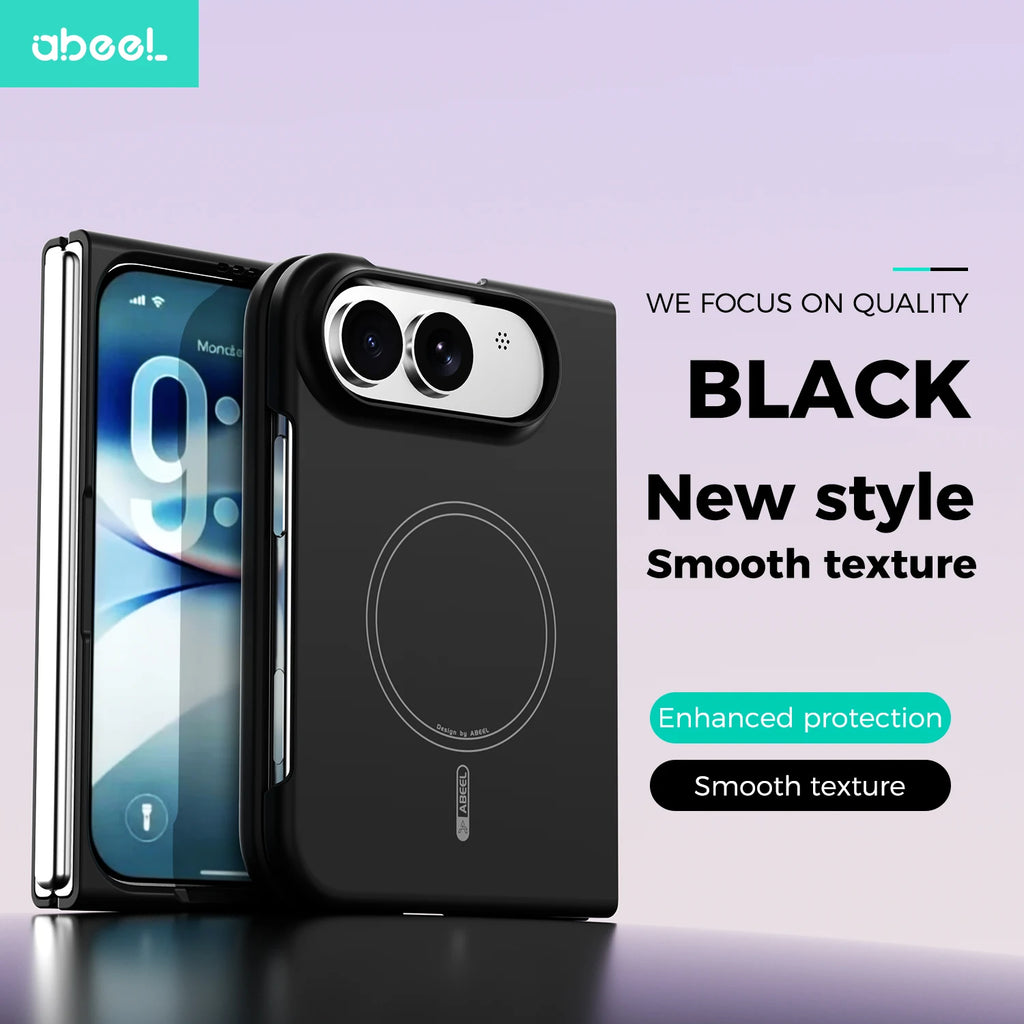 A black smartphone case shown on a phone, with the back of the case featured prominently. The case has a circular MagSafe-style ring, a camera cutout, and a smooth textured finish.