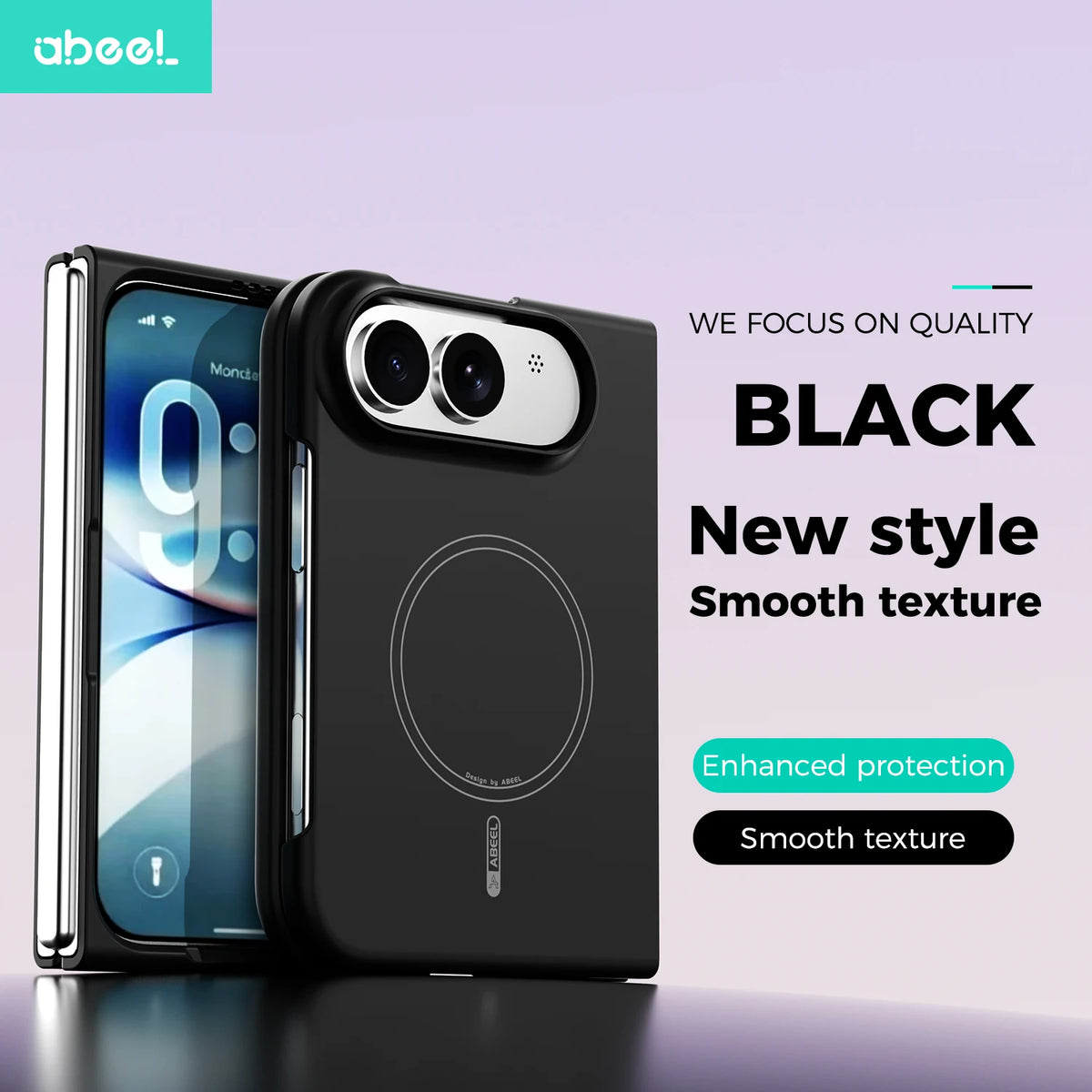 A black smartphone case shown on a phone, with the back of the case featured prominently. The case has a circular MagSafe-style ring, a camera cutout, and a smooth textured finish.