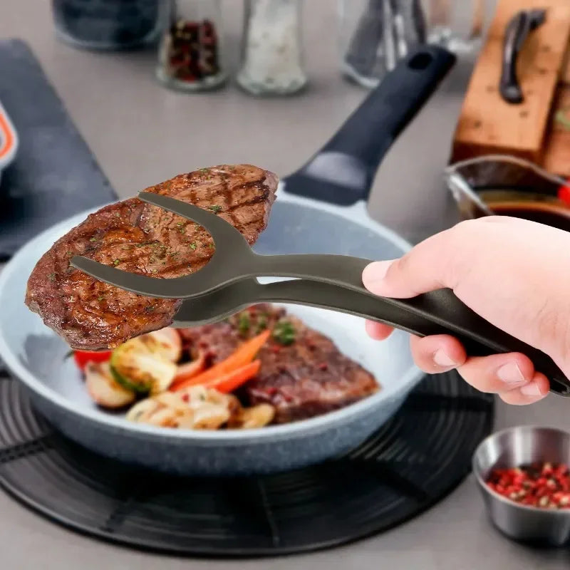2 in 1 Nylon Grip Flip Tongs – Egg Spatula & Steak Turner Kitchen Tool