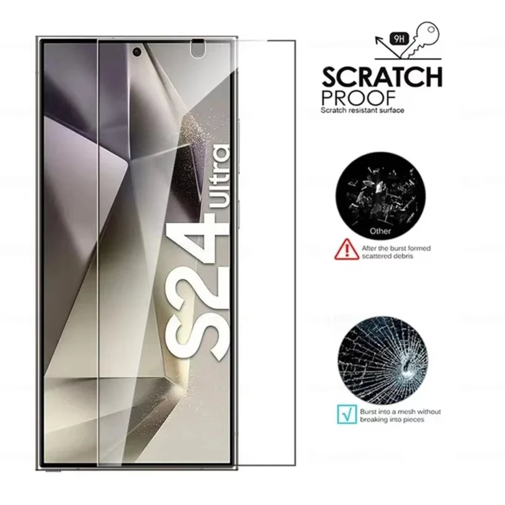 Smartphone with a scratch-proof screen protector labeled S24 Ultra on a white background.
