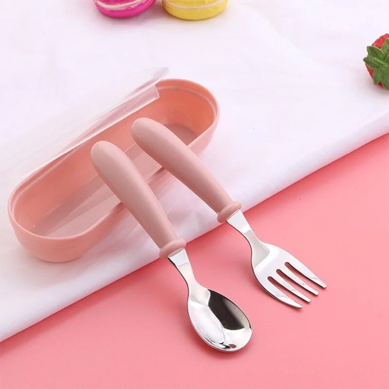 3PCS Kids Stainless Steel Spoon Fork Set with Travel Case