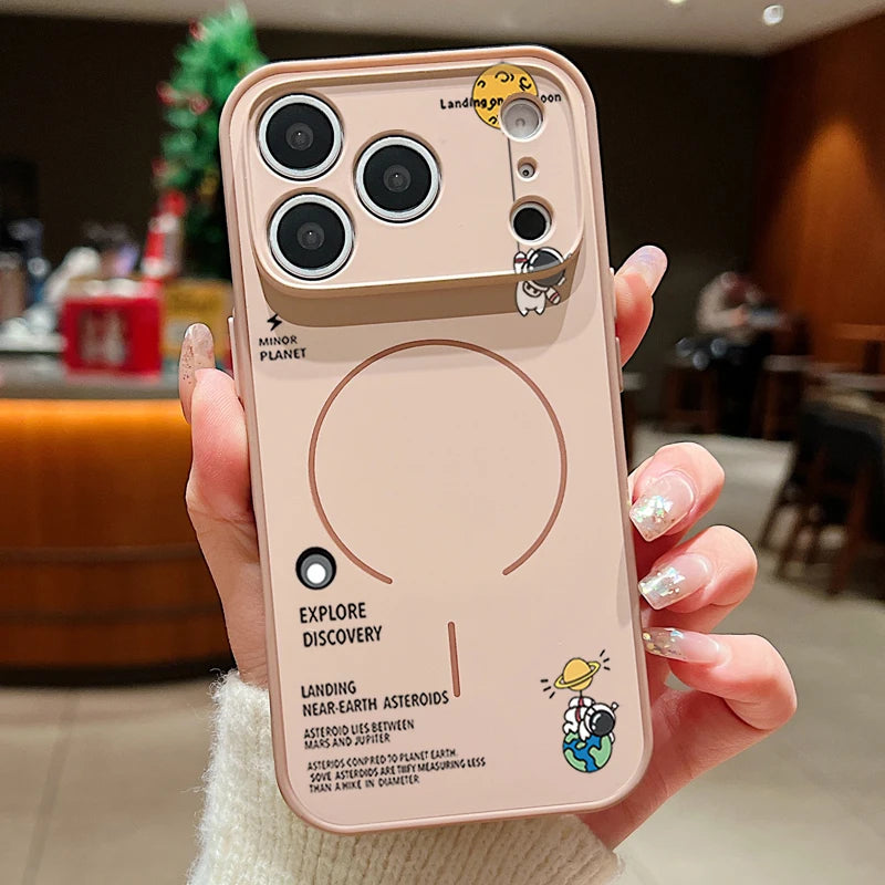 Phone case with space-themed design held by a person indoors