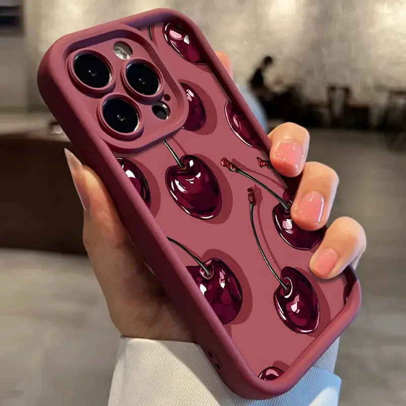 Cherry Print Silicone Case for iPhone 11 12 13 14 15 16 17 Air