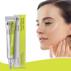 A skincare tube and box labeled 'RETIAL SHOT THINNING BOOSTER' shown beside a woman touching her neck, on a white background with a bright green graphic band at the bottom.