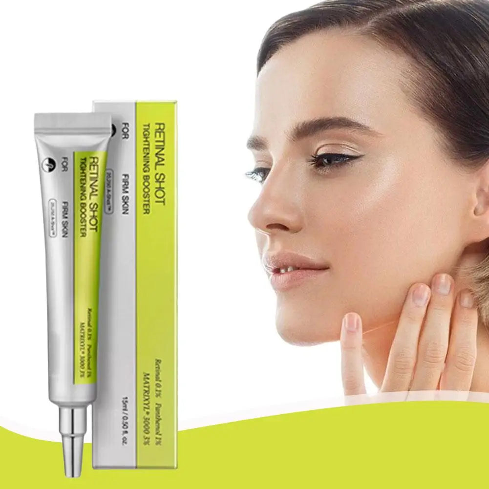 A skincare tube and box labeled 'RETIAL SHOT THINNING BOOSTER' shown beside a woman touching her neck, on a white background with a bright green graphic band at the bottom.
