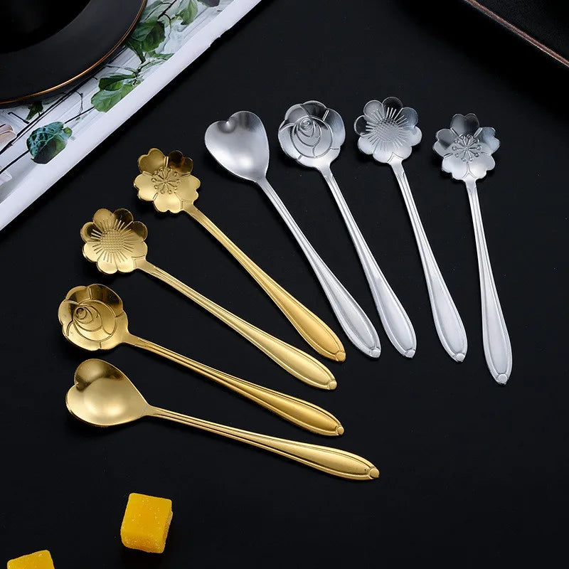 8PCS Gold Cherry Rose Stainless Steel Coffee Spoon Set