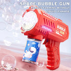 red bubble gun for kids blowing continuous streams of bubbles for toddler outdoor activities