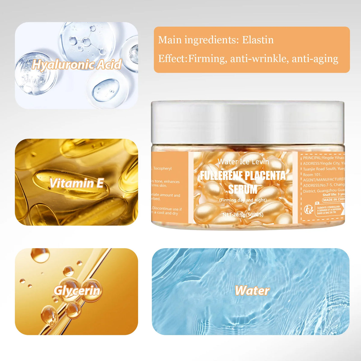 clear jar packed with 50 golden collagen face serum capsules for daily skin hydration and firming