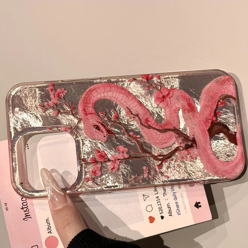 Cute Pink Floral Snake Case for iPhone 16 15 14 13 12 11 Pro Max Cover