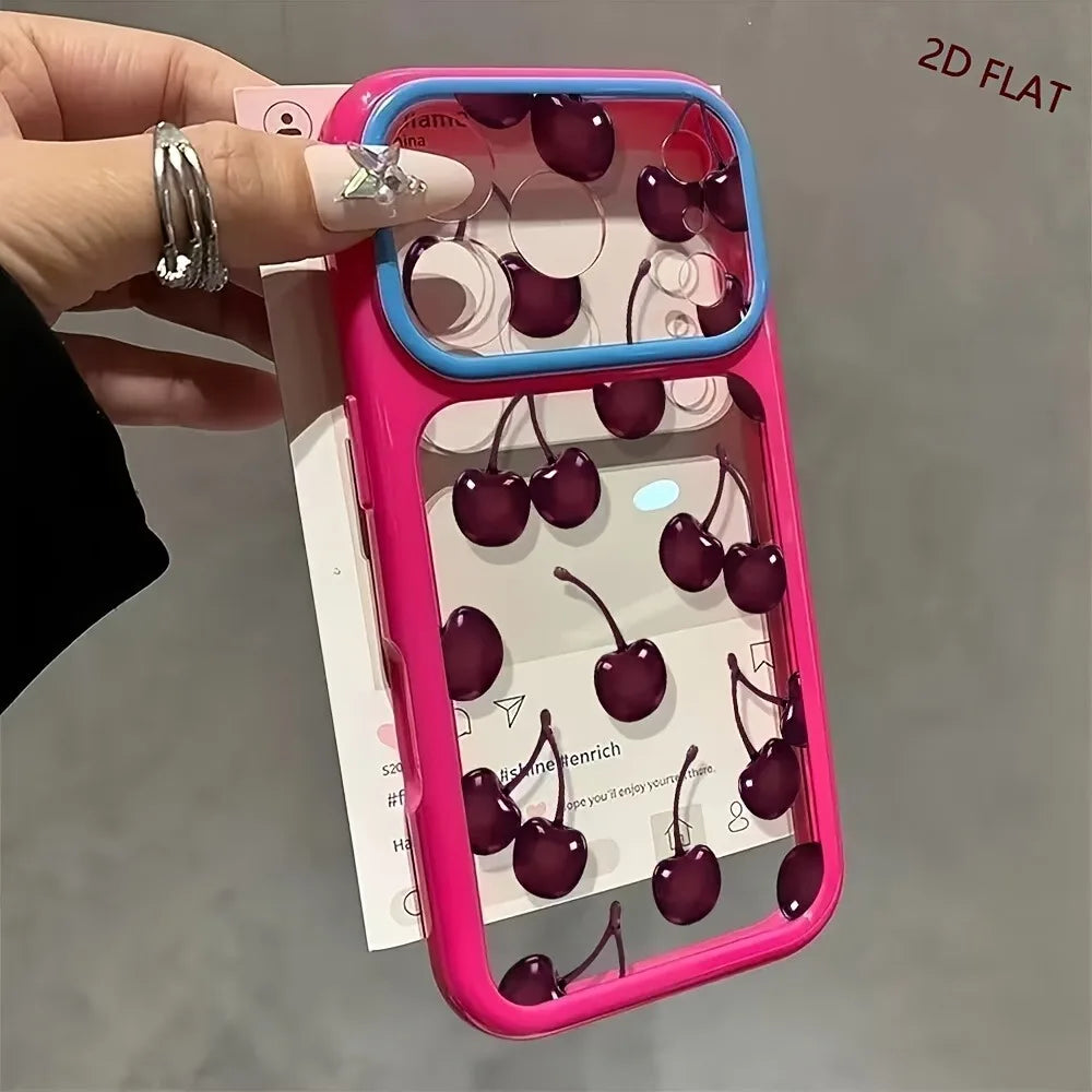 A hand holds a pink phone case decorated with 3D cherry stickers and a blue camera bumper, set against a gray background with '2D FLAT' text in the upper right.