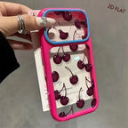 A hand holds a pink phone case decorated with 3D cherry stickers and a blue camera bumper, set against a gray background with '2D FLAT' text in the upper right.