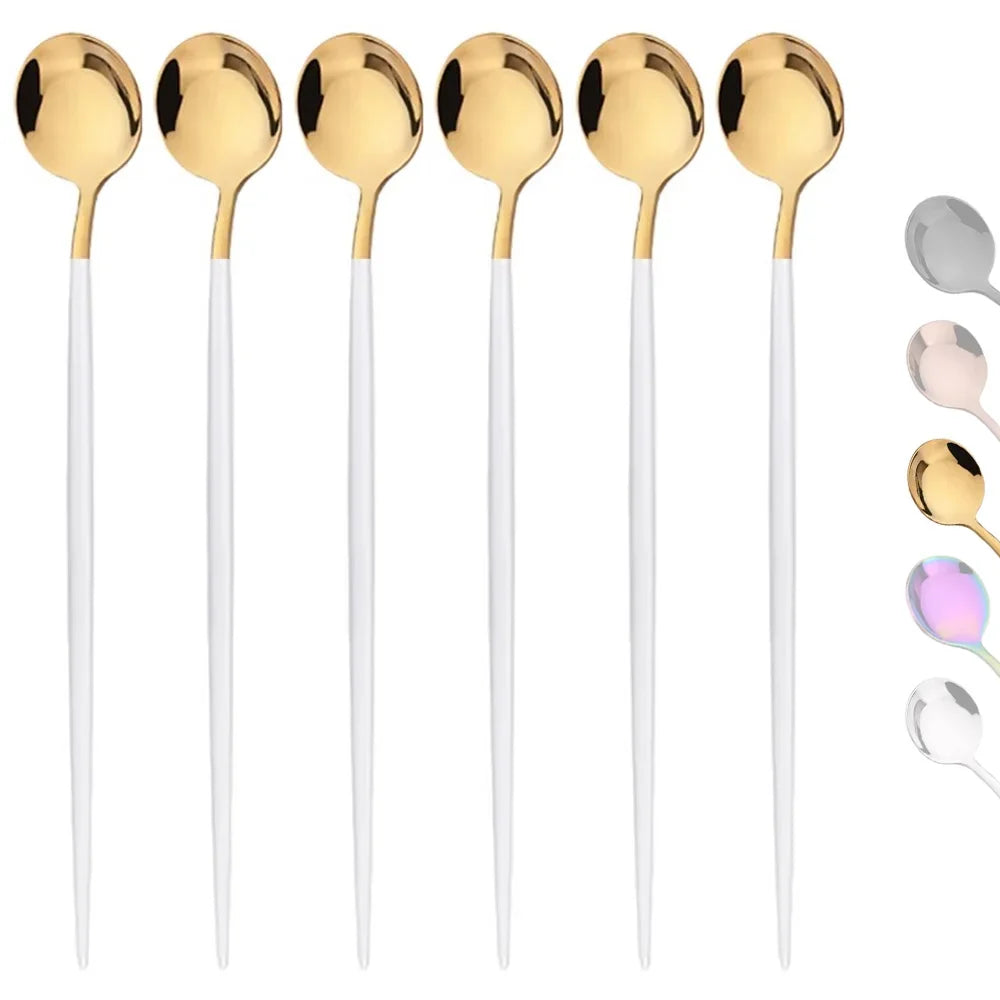 6Pcs Gold Ice Spoon Set – Long Handle Stainless Steel Coffee & Tea Stir Spoons