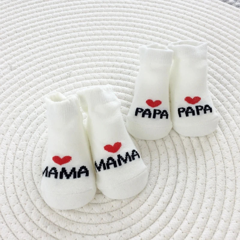 Newborn Baby Socks 2 Pairs Cute Mama Papa Cotton Crew Socks