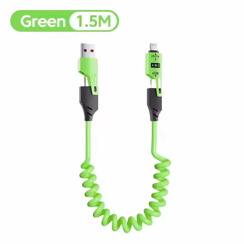 4 in 1 65W Spring Short Data Cable Quick Charger Wire Spring USB Cable for iPhone 16 15 14 13