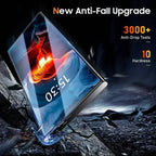 Phone screen with anti-fall upgrade features on a rugged background