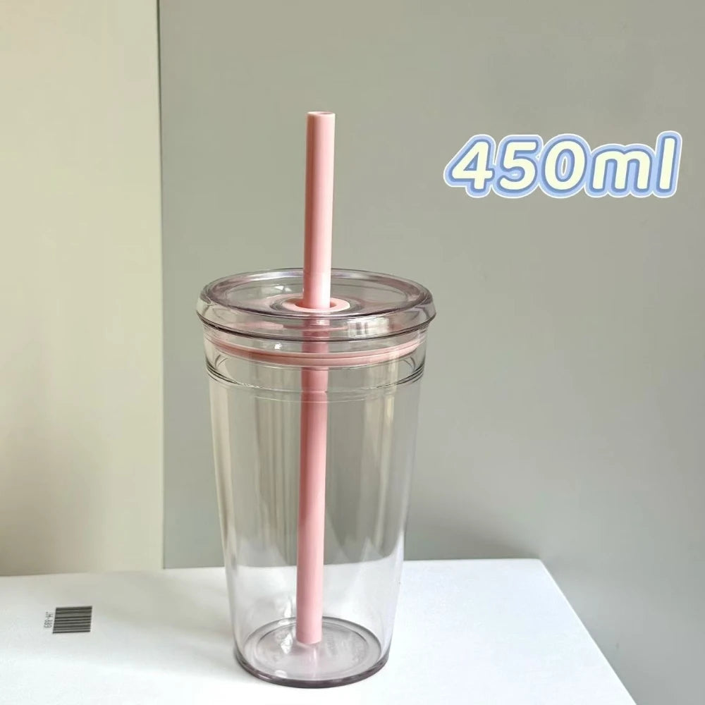 450ml Straw Cup Reusable Transparent Plastic Coffee Tumbler