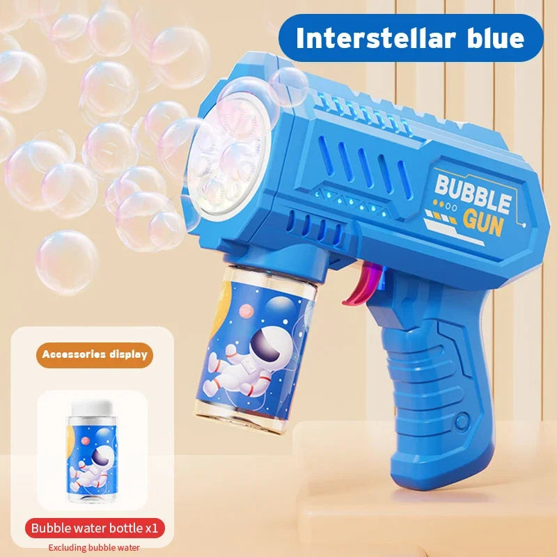 light blue bubble gun for kids side view showing compact automatic bubble blower design
