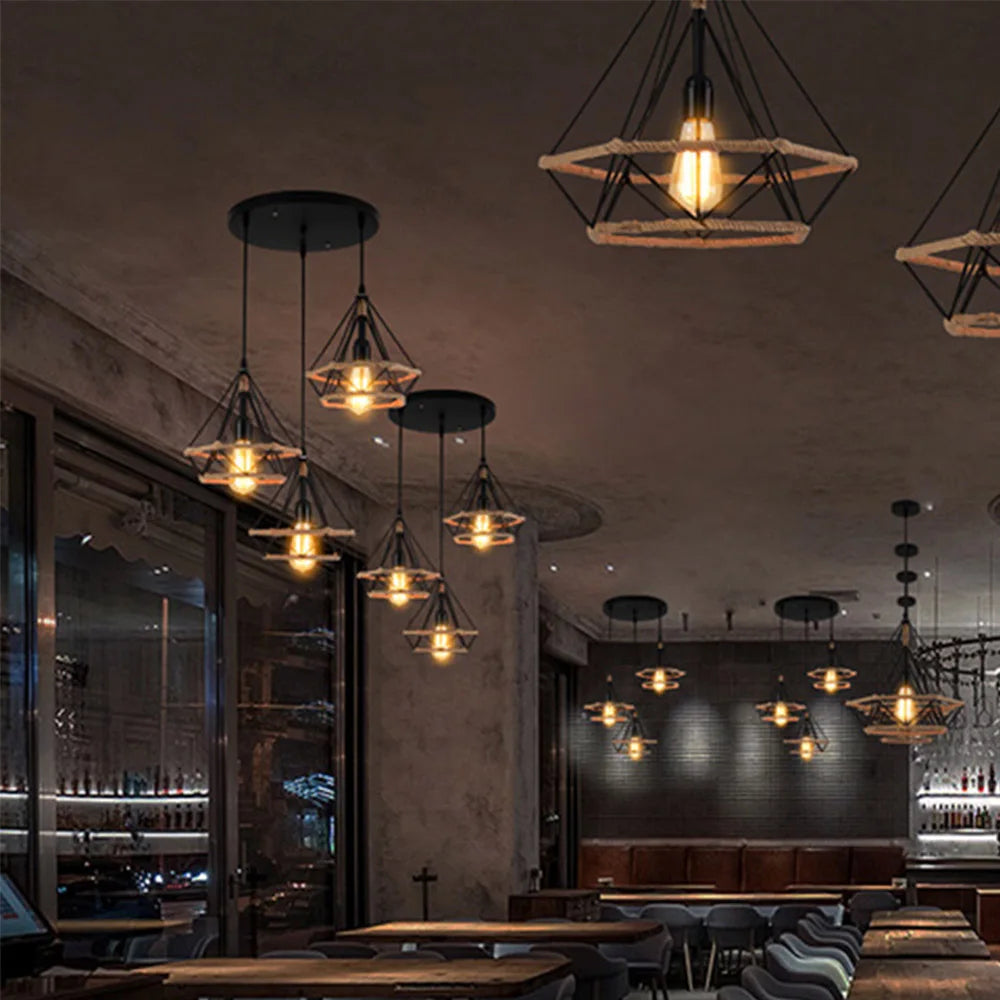 E27 Industrial Loft Pendant Light with Hemp Rope Design