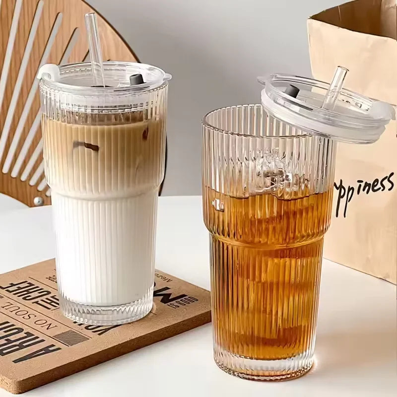 Large Capacity Stripe Glass Coffee Cup Iced Coffee Mug with Straw