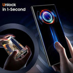 Smartphone with futuristic design held by hands, featuring a speedometer-like display.