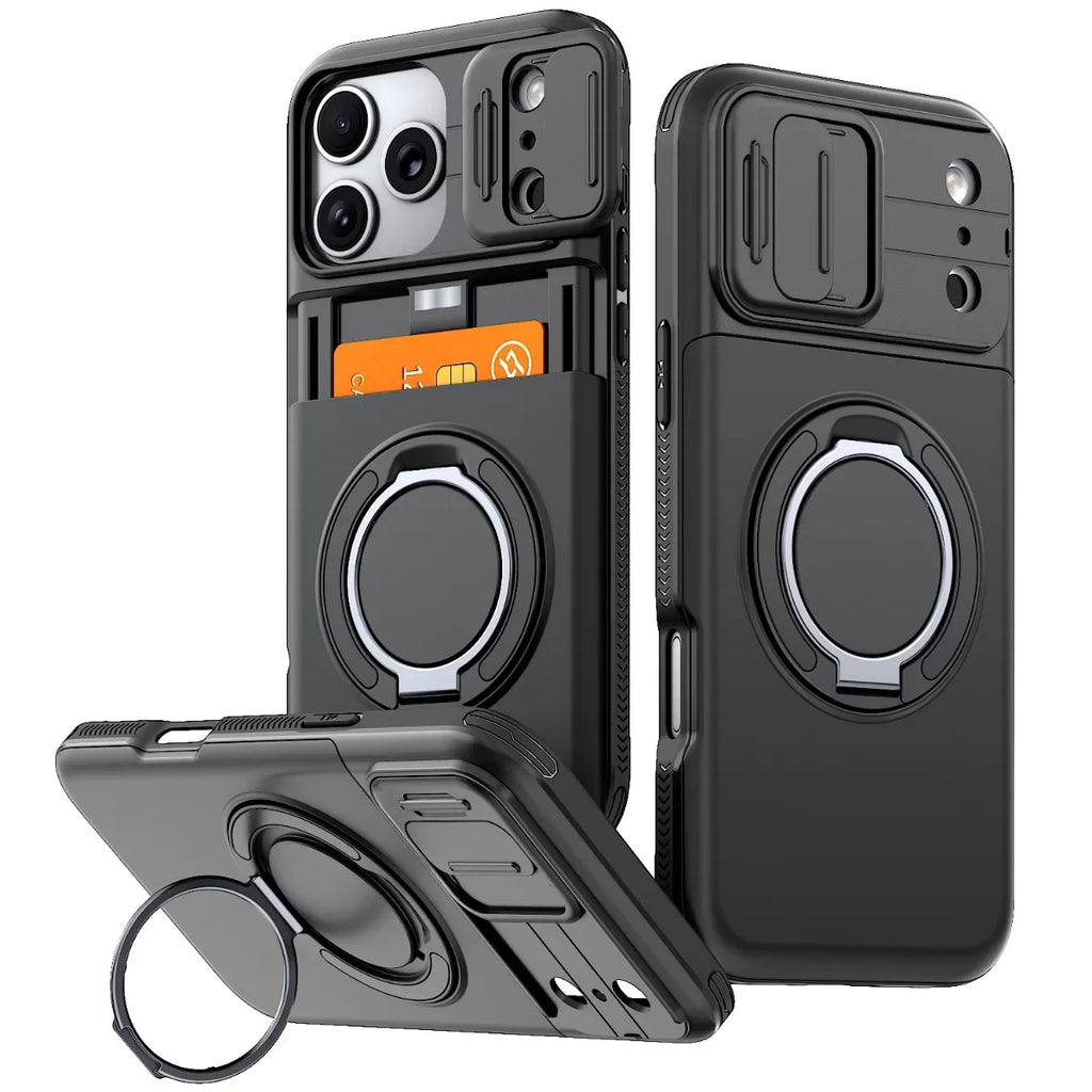 Black rugged protective phone case shown from multiple angles on a white background, featuring a built-in circular magnetic ring, card slot, and camera cutout.