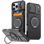 Black rugged protective phone case shown from multiple angles on a white background, featuring a built-in circular magnetic ring, card slot, and camera cutout.