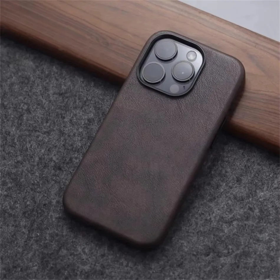 Retro Leather MagSafe Case for iPhone 12 13 14 15 16 17 Pro Max