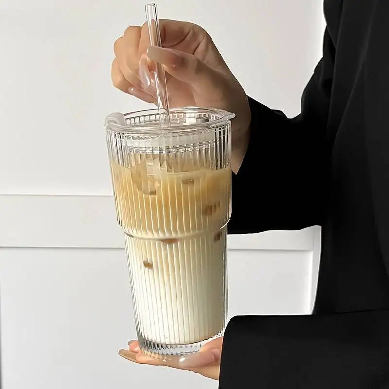Large Capacity Stripe Glass Coffee Cup Iced Coffee Mug with Straw