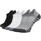 Three pairs of men's low cut breathable sports socks displaying black, white, and grey variants together.
