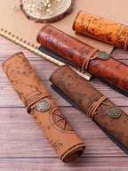 Vintage Treasure Map Pencil Case Leather Roll Stationery Bag