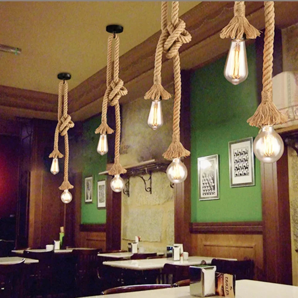 Industrial Hemp Rope Pendant Light E27 Vintage Chandelier