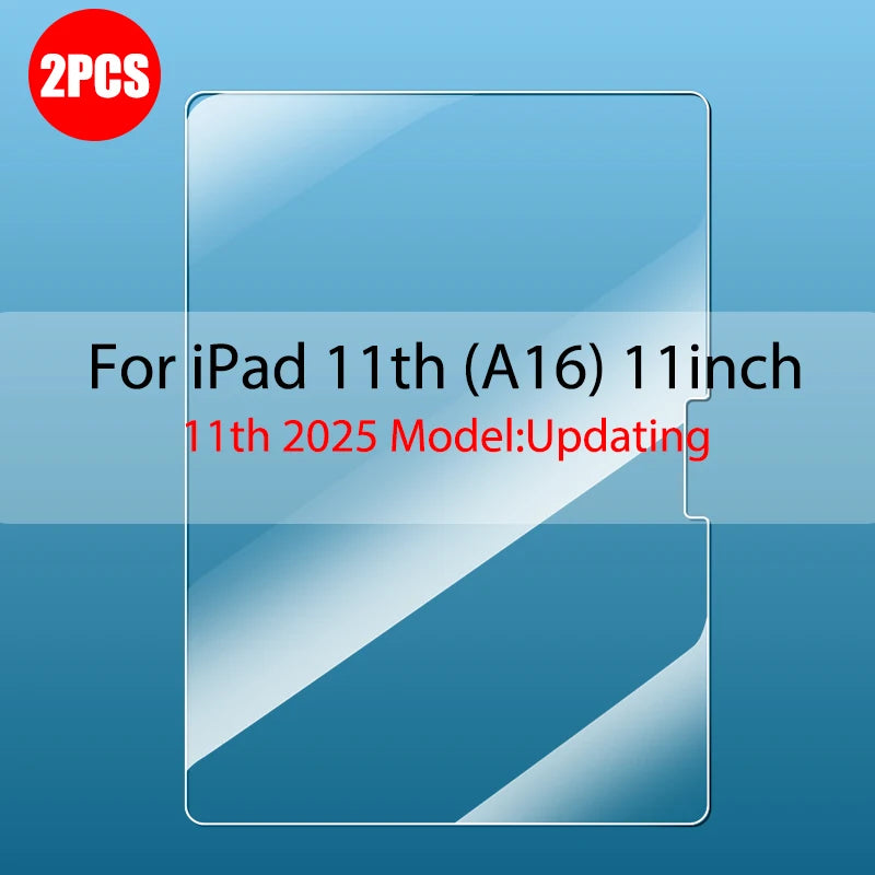 Screen protector for iPad 11th generation on a blue background with text indicating model compatibility.