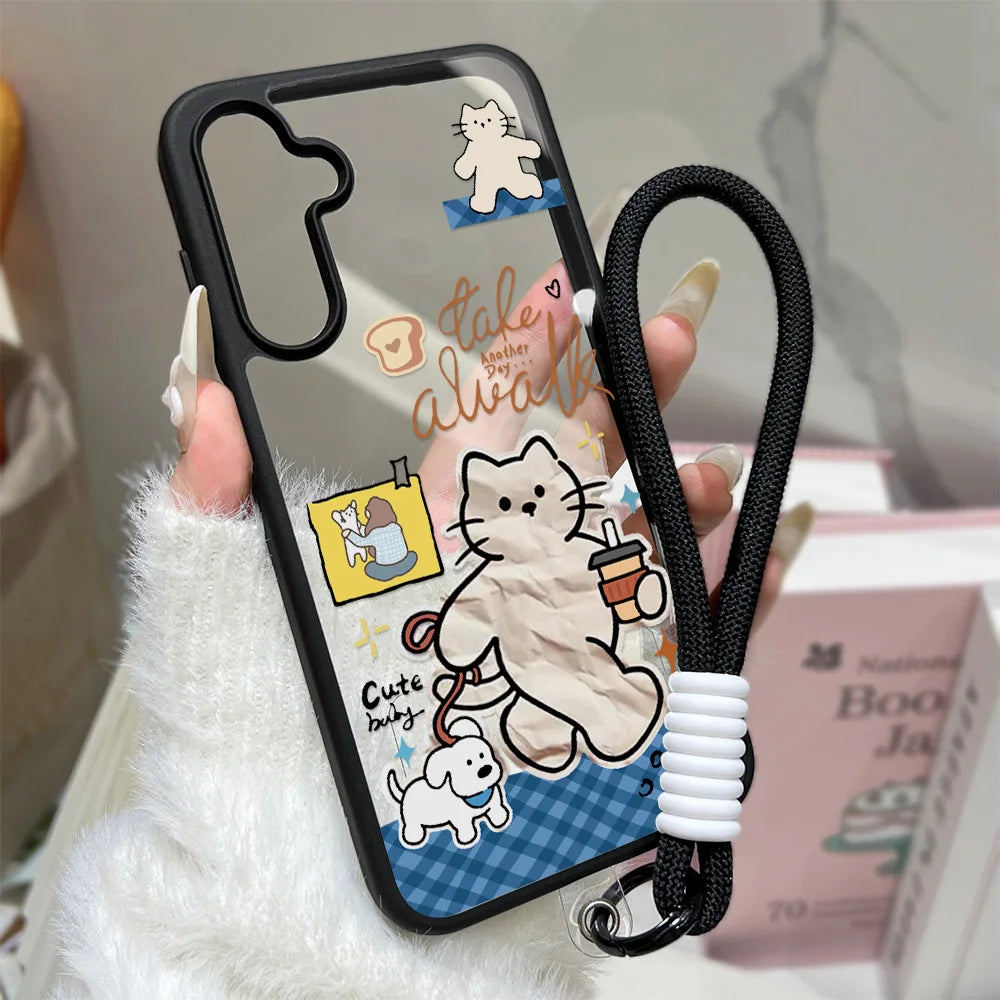 Cute Cat Wrist Strap Case For Samsung A26 A36 A56 S24 S25 S26 Ultra