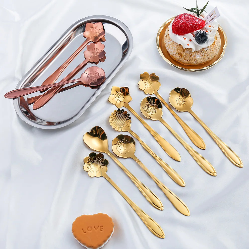 8PCS Gold Cherry Rose Stainless Steel Coffee Spoon Set