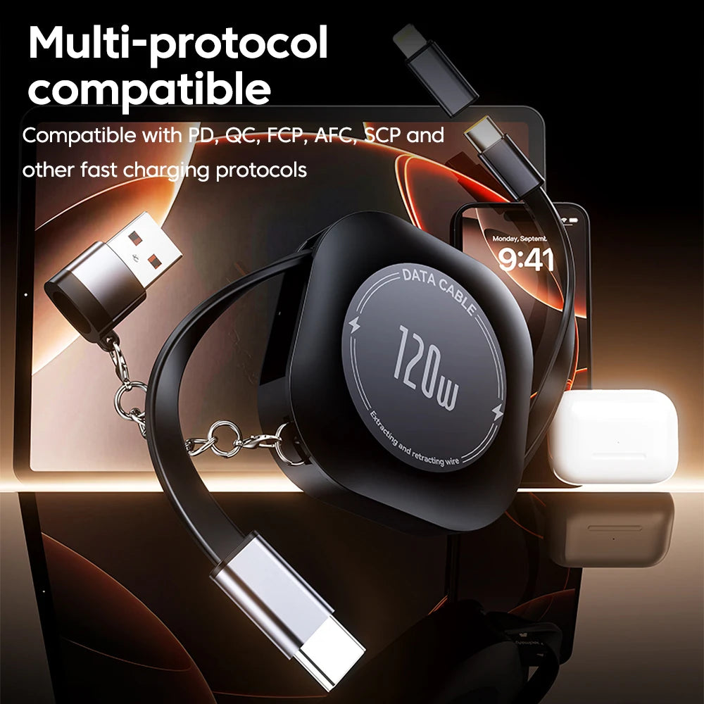 120W USB C Retractable Cable Fast Charge with USB Data Cord Adapter for Phone