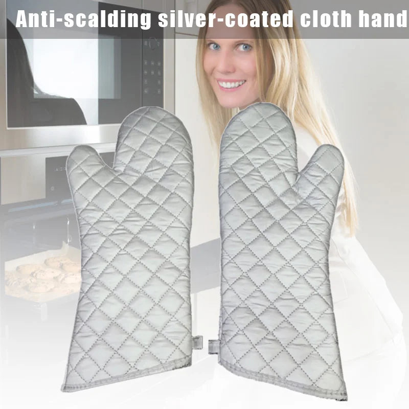 Long Heat Resistant Oven Mitts – Silver Anti-Scald Kitchen Gloves (1 Pair)