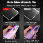 Comparison of matte privacy ceramic film on a smartphone screen with text highlighting features.