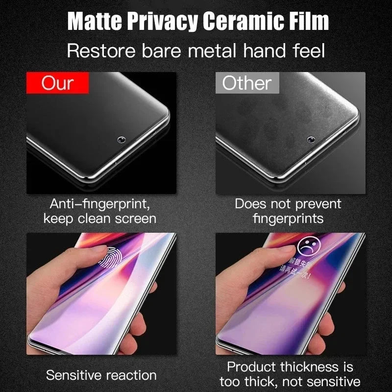 Comparison of matte privacy ceramic film on a smartphone screen with text highlighting features.