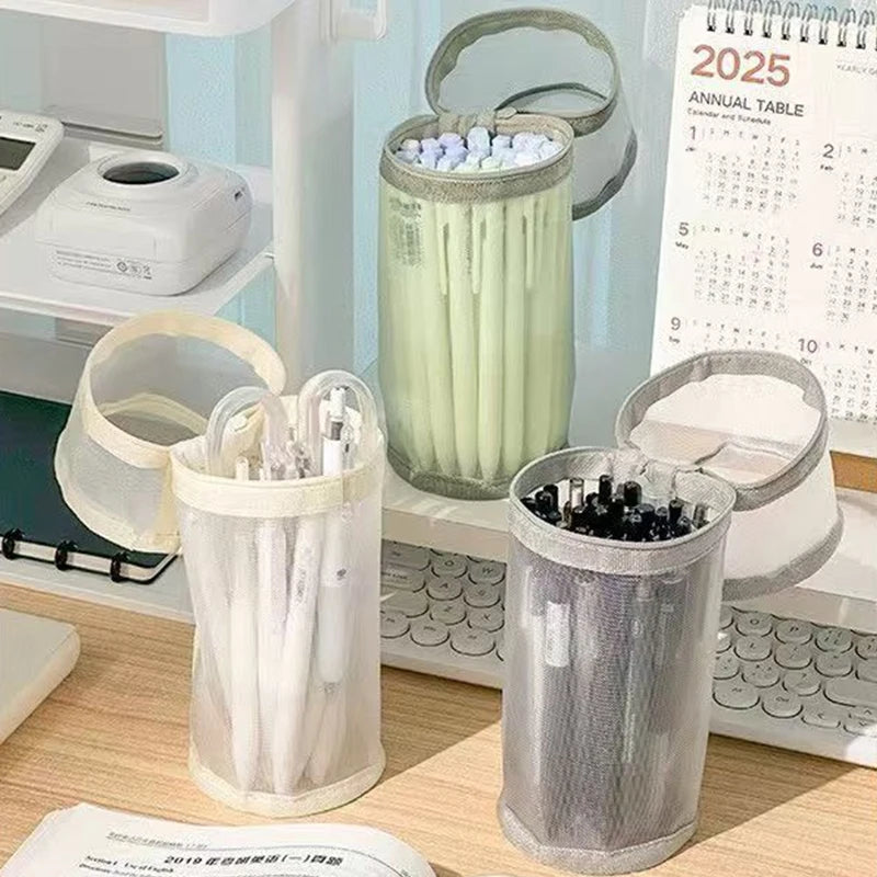 Clear Mesh Pencil Case Portable Standing Pen Holder Organizer