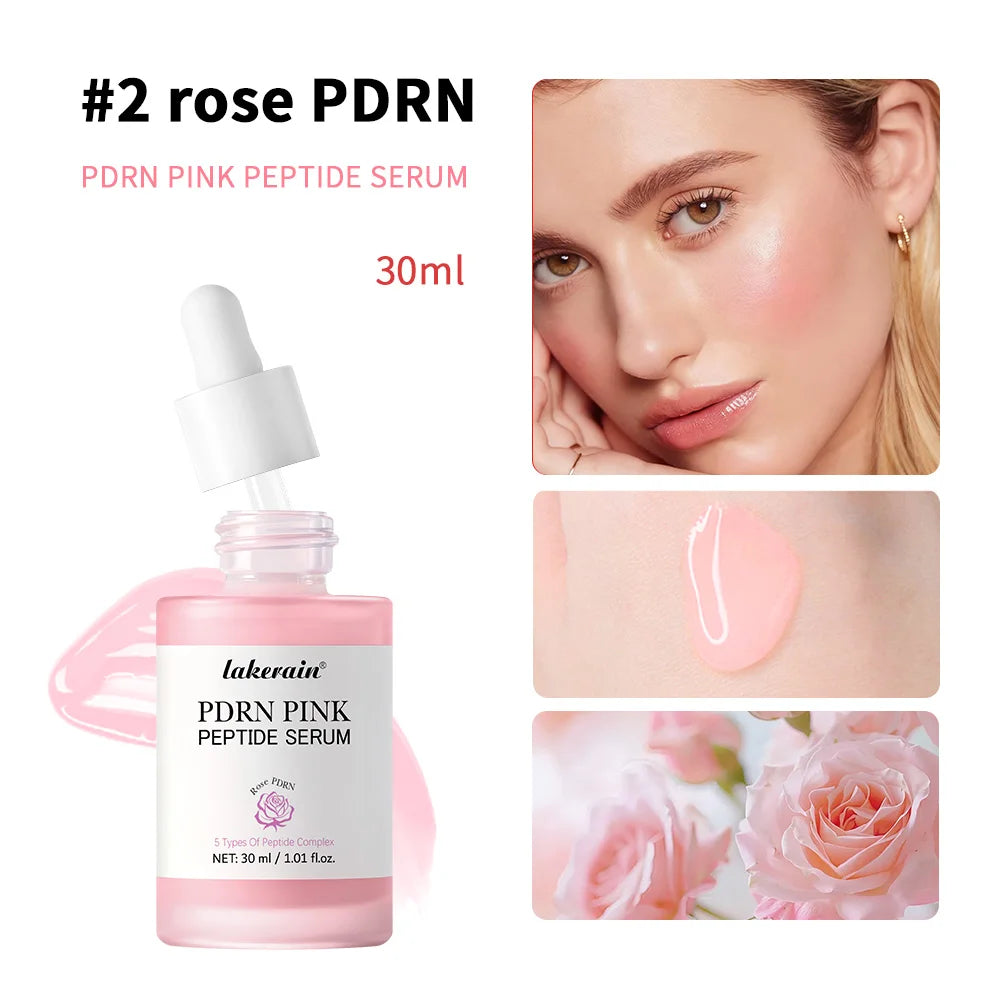 Lakerain PDRN Pink Peptide Serum bottle with dropper, close-up of face, skin texture, and rose flower.
