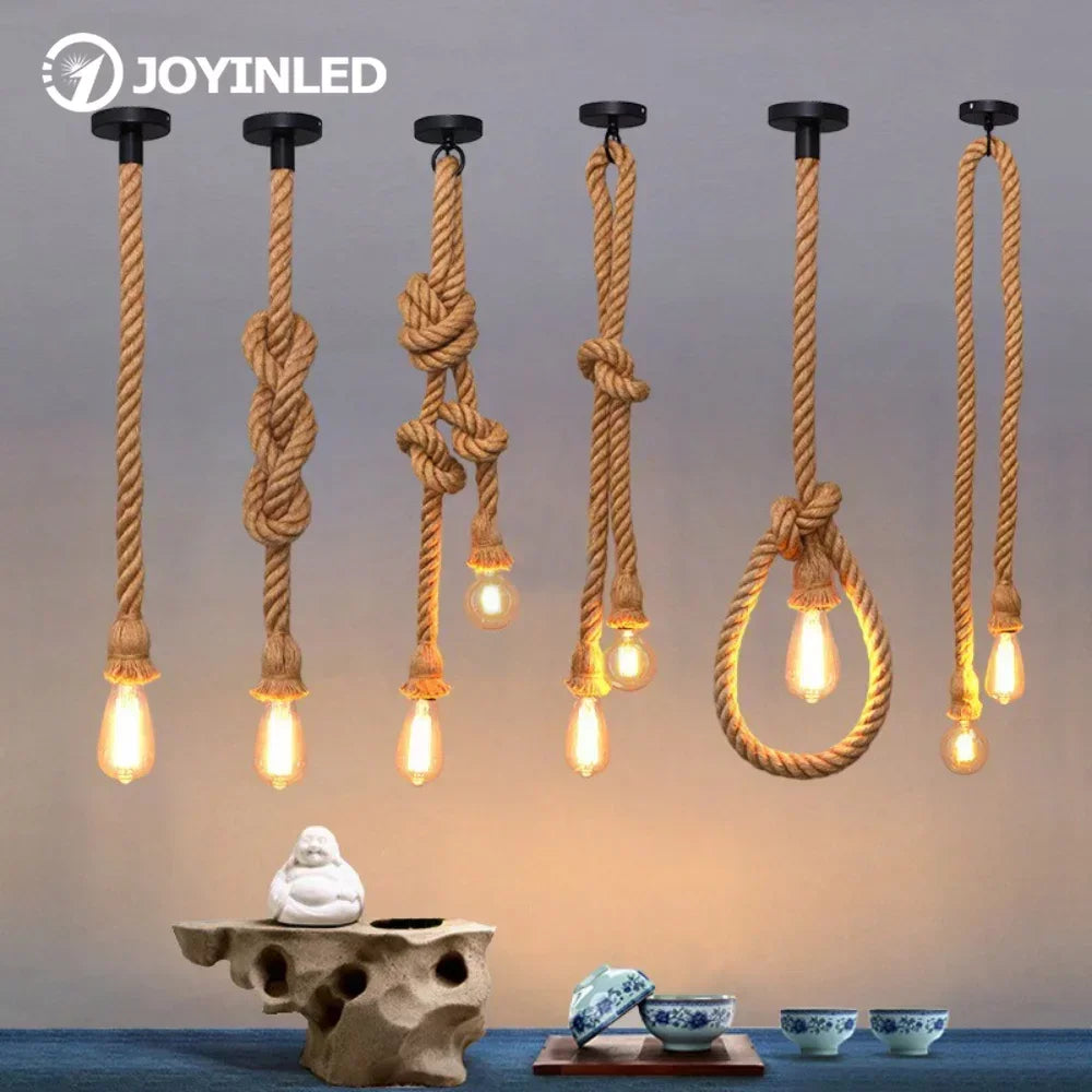 Industrial Hemp Rope Pendant Light E27 Vintage Chandelier