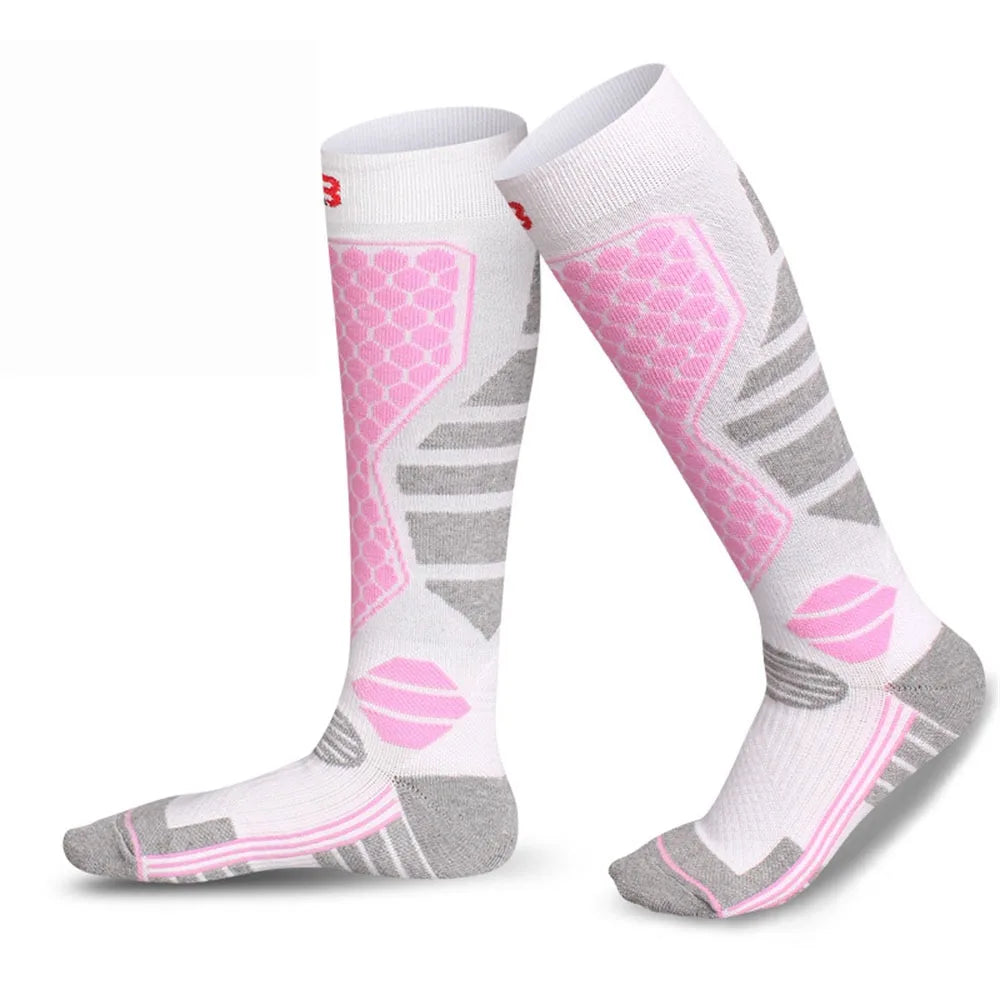 Knee high compression snowboard socks in pink and grey color combination for women outdoor exercise