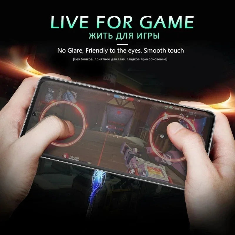 Person playing a game on a smartphone with promotional text about the screen's features.