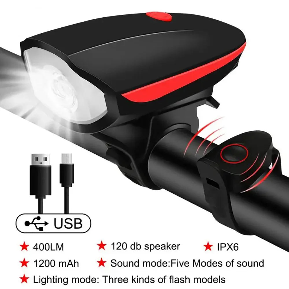 USB Rechargeable Bike Light with Horn Waterproof Headlight