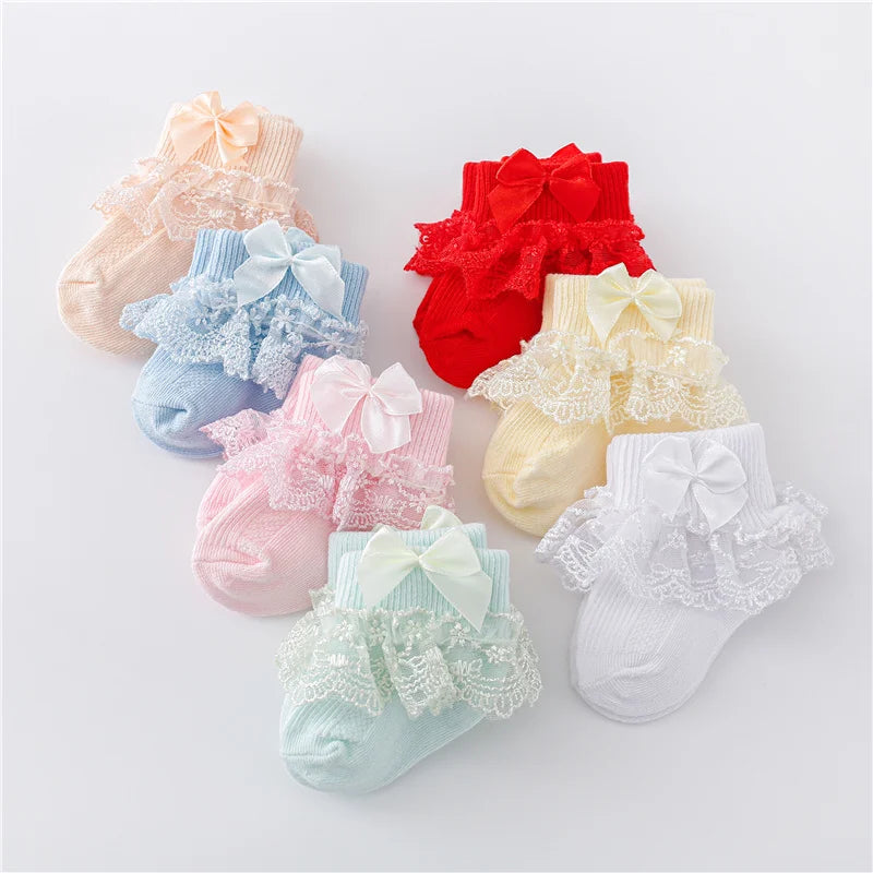 Newborn Baby Girl Lace Socks Princess Bow Cotton Socks 0-24M Secondary image